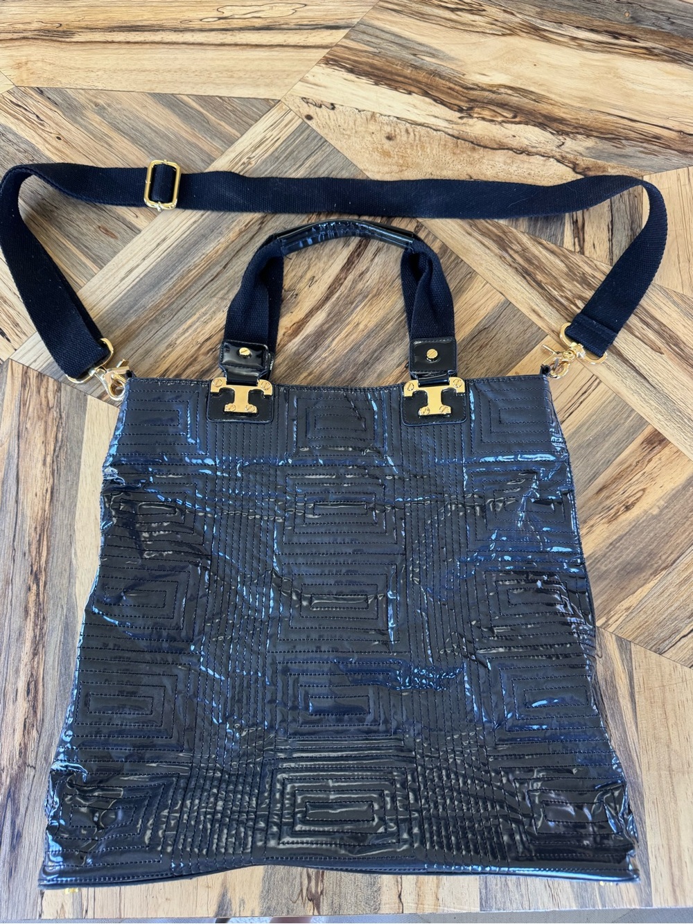 Tory Burch Black Patent Tote with Gold Hardware - Designer Style